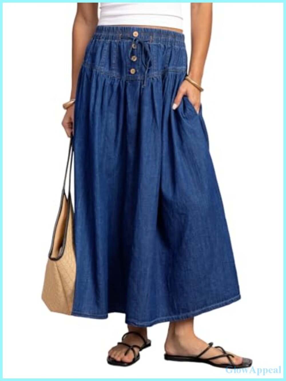 Womens Denim Midi Skirt A-Line Button Front Pleated High Waist Pockets